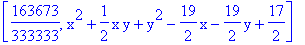 [163673/333333, x^2+1/2*x*y+y^2-19/2*x-19/2*y+17/2]